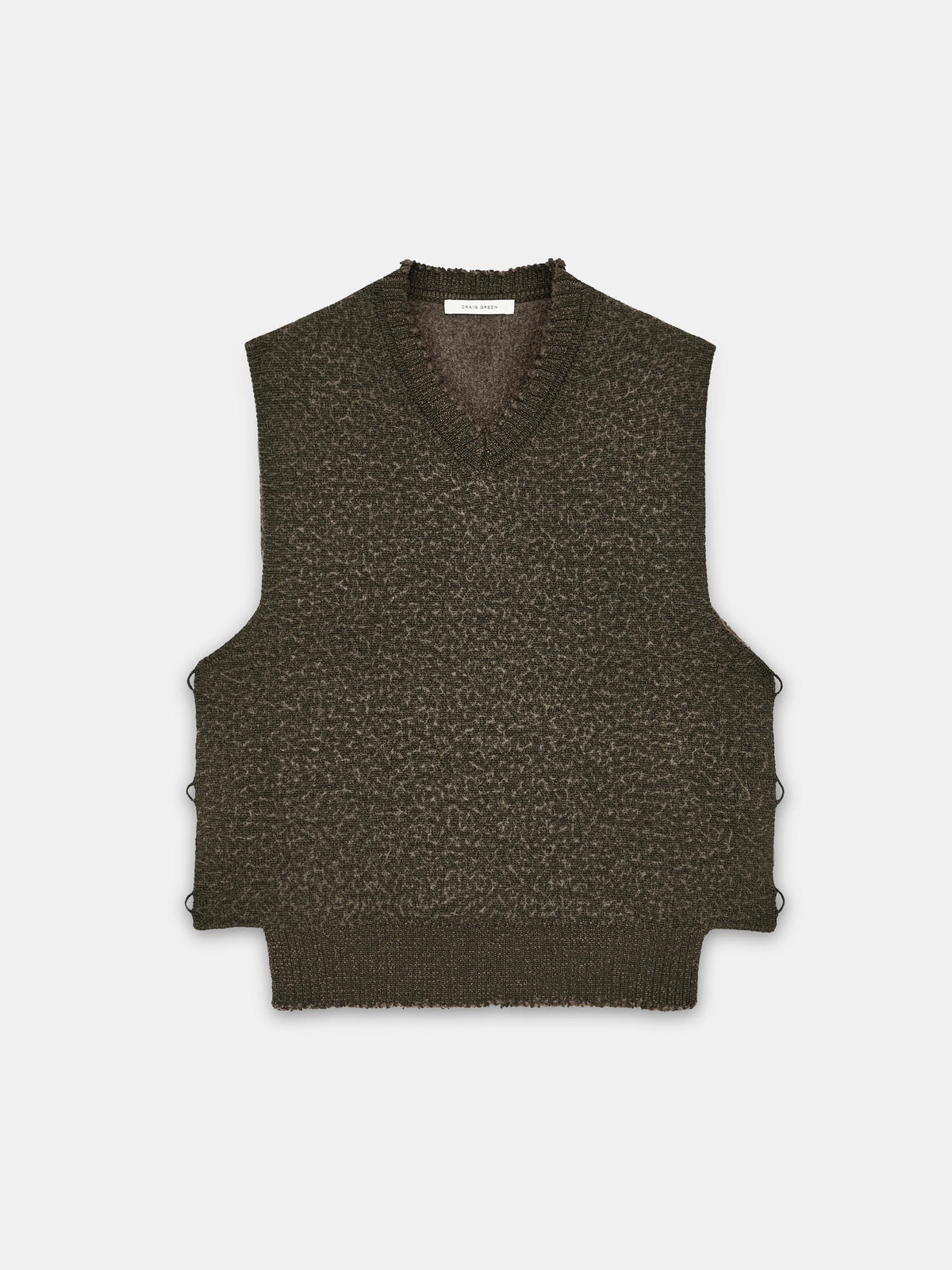 Green khaki heavyweight double faced knit blanket vest by Craig Green flat front view showing the V neck structure