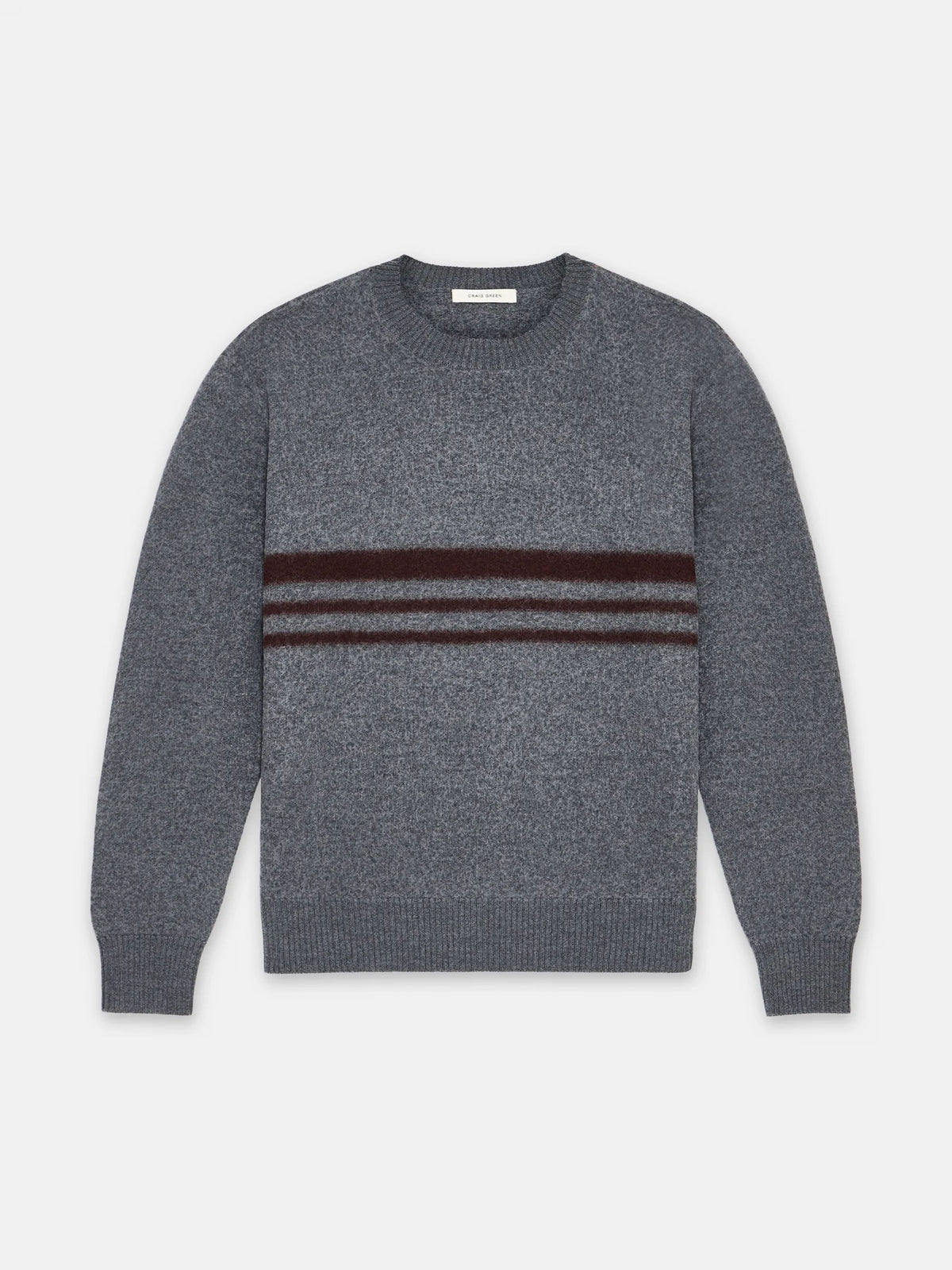 Grey and brown midweight knit felt stripe jumper by Craig Green flat front view showing the chest stripe design