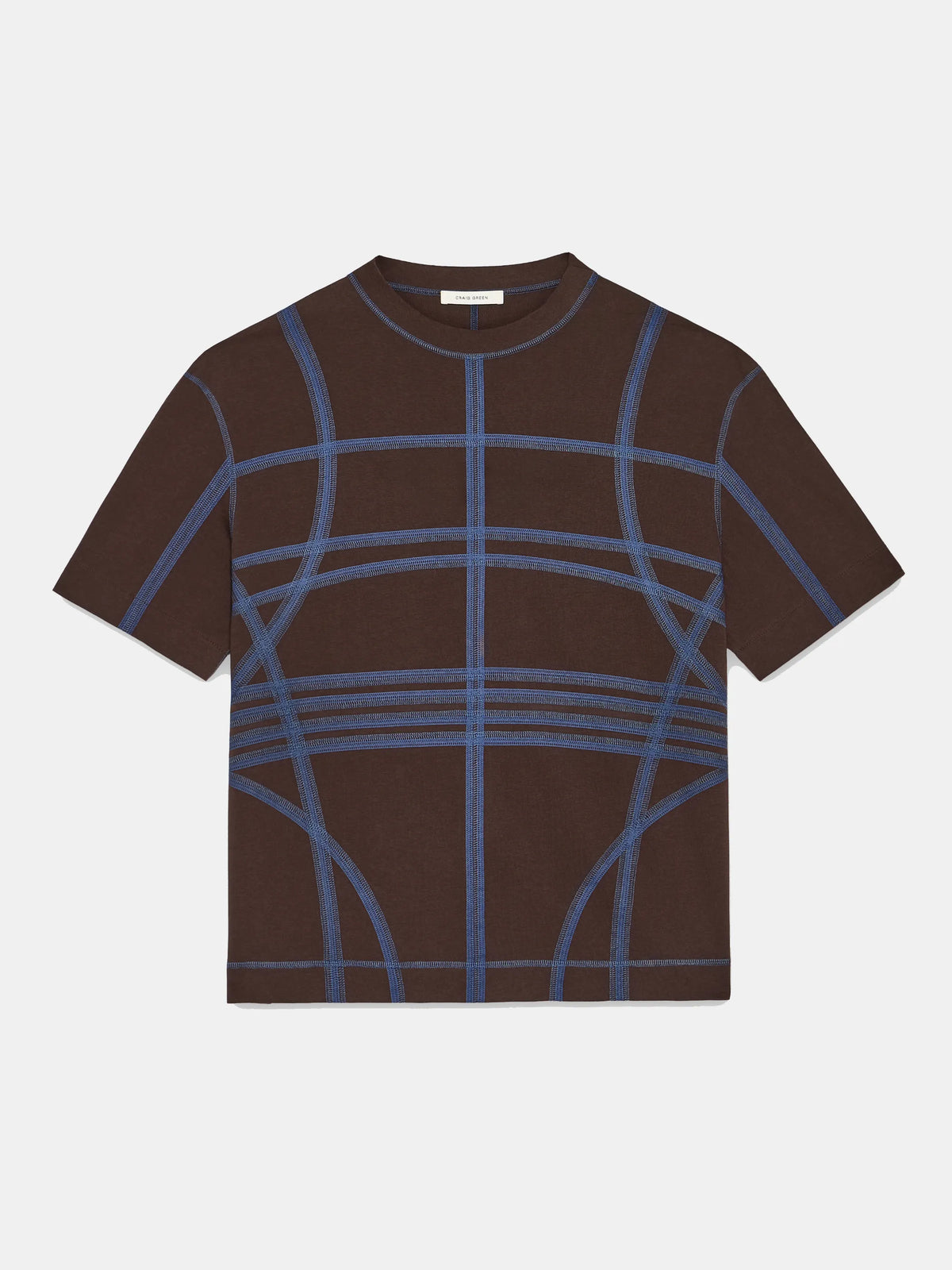Brown and navy short sleeve flatlock jersey by Craig Green flat front view showing the geometric engineered stitching