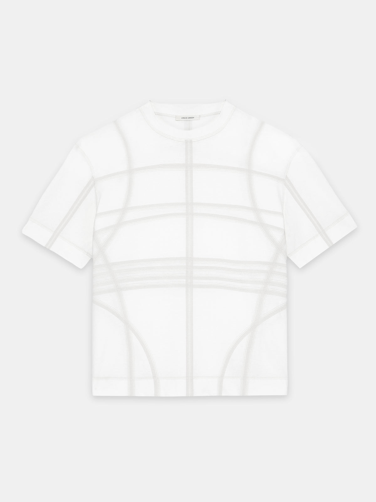 White / calico short sleeve flatlock jersey by Craig Green flat front view showing the engineered contrast stitching design