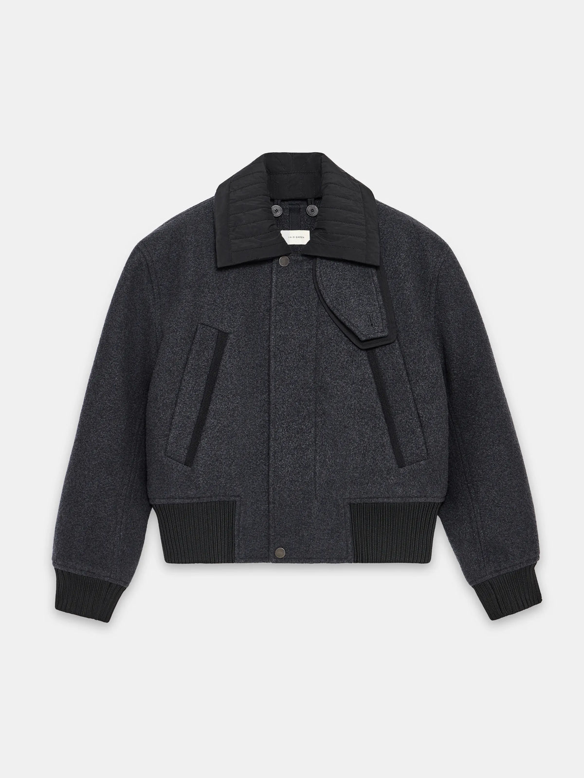 Grey flight jacket by Craig Green flat front view showing the heavyweight washed Italian wool construction