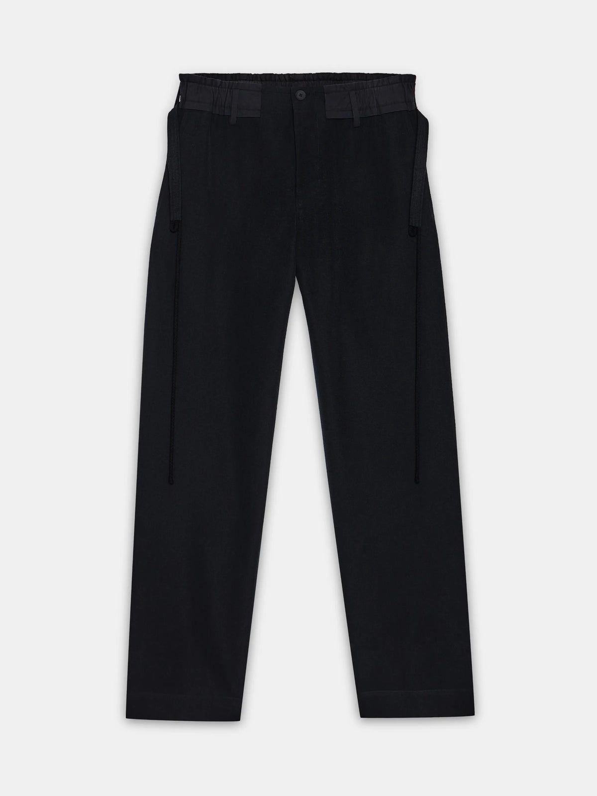 Black lightweight elasticated wool utility trousers by Craig Green flat view showing the straight leg cut