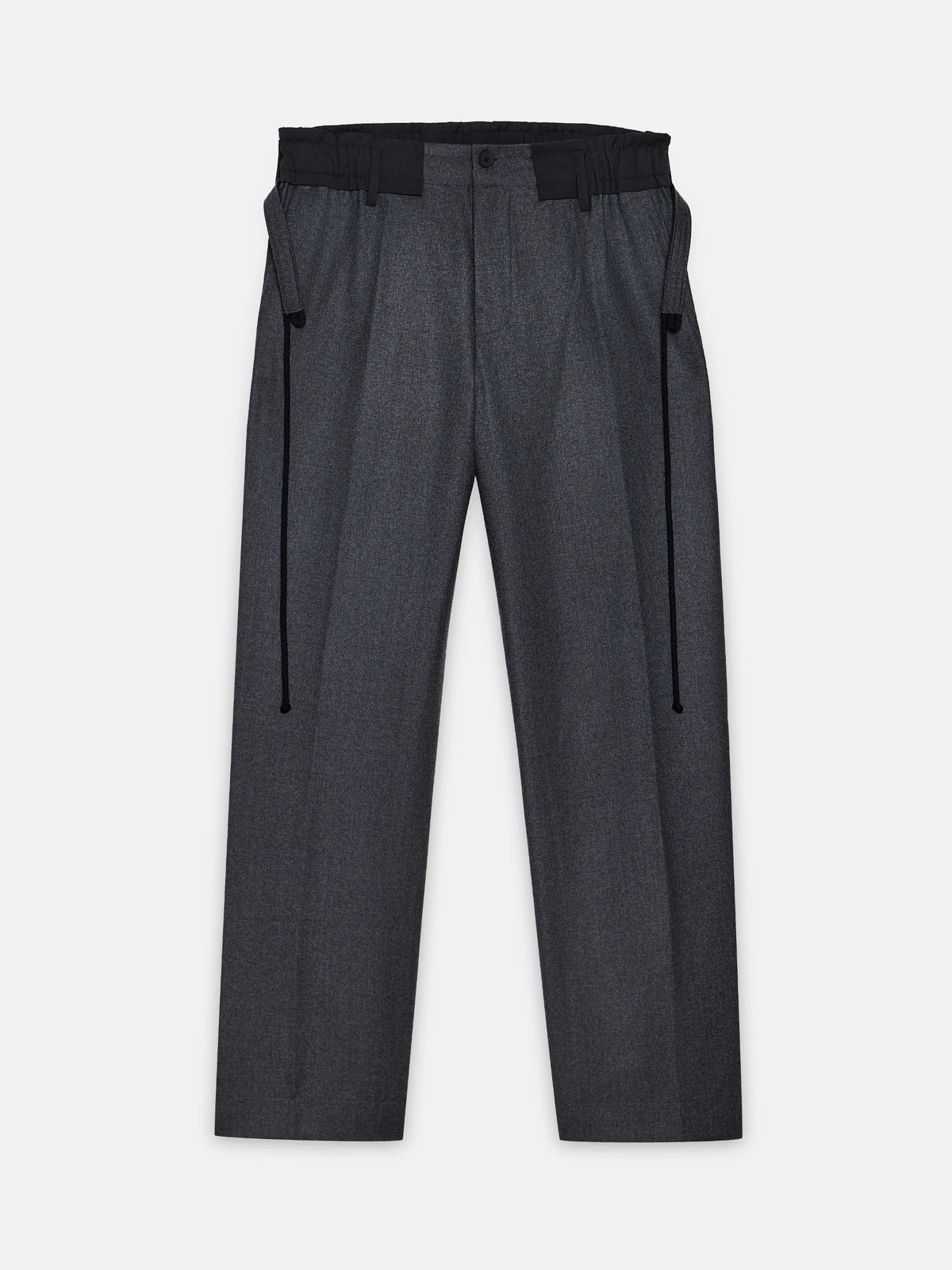 Grey lightweight elasticated wool worker trousers by Craig Green flat view showing the external waistband detail
