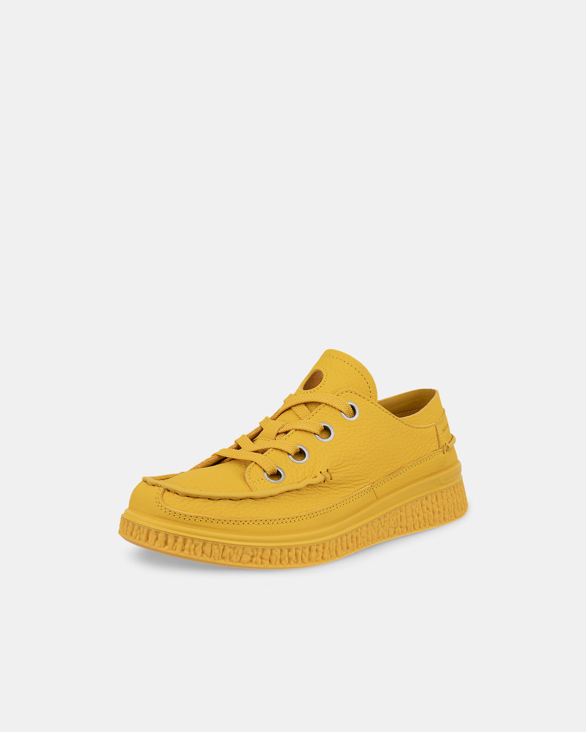Three quarter angled view of the saffron yellow ECCO Craig Green Walker shoes highlighting the lace closure