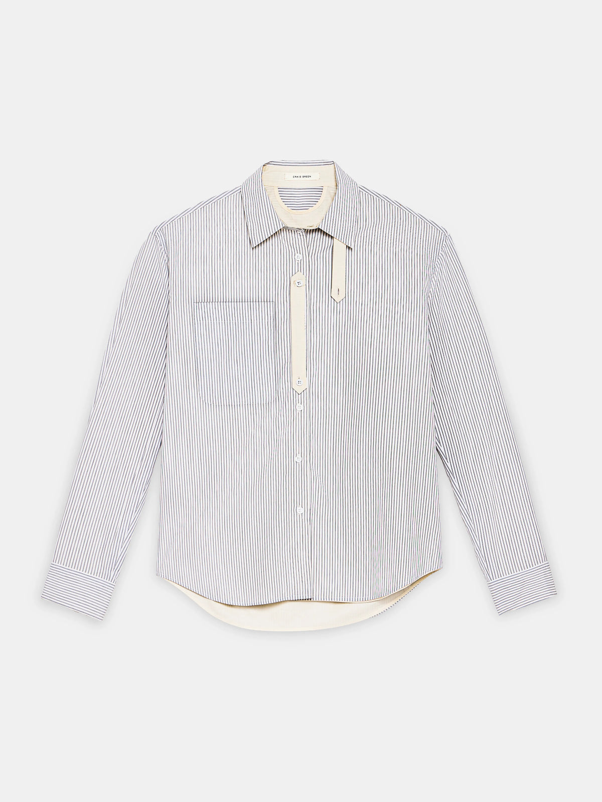 Craig Green reversible shirt flat front view showcasing the alternative double stripe pattern side.